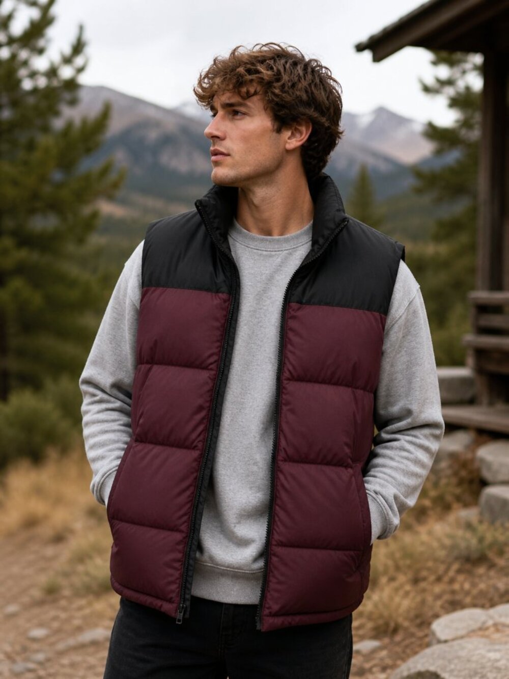 Jack and Jones Puffer Vest Mens M Burgundy Black Quilted Winter Layer